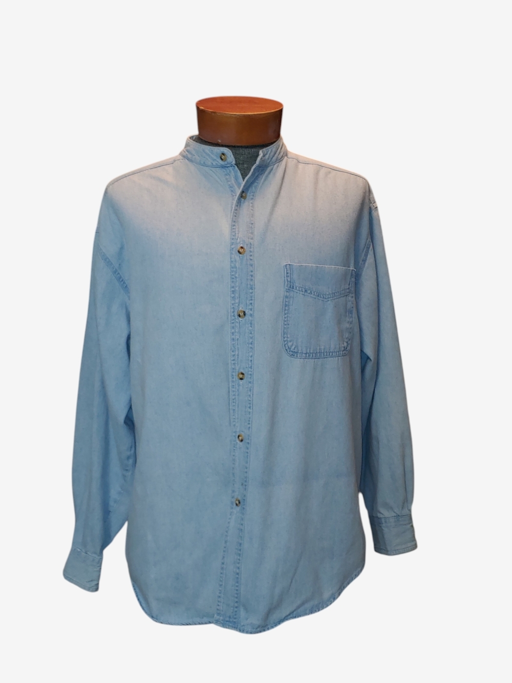 Light Wash Denim Button-Up Shirt, No Collar